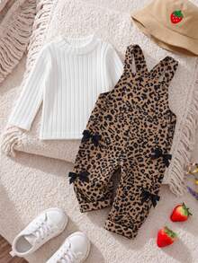 Autumn New Girls' Leopard Print Jumpsuit Set 2pcs, Black Bow Decor Leopard Print Overalls + White Semi-High Neck Ribbed Long Sleeve Base Layer - Brown - View 3