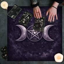 1pc Triple Moon Pentagram Tarot Table Cloth, Purple Galaxy Starry Sky Altar Cloth, Witchy Wiccan Divination Tarot Card Mat, Spiritual Oracle Card Reading Cloth For Tarot Ceremony - Black - View 7