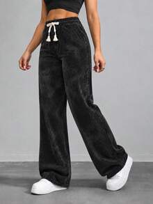 Women Black Wide Leg Sweatpants High Waist Elastic Drawstring Loose Casual Straight Leg Trousers - Black - View 1