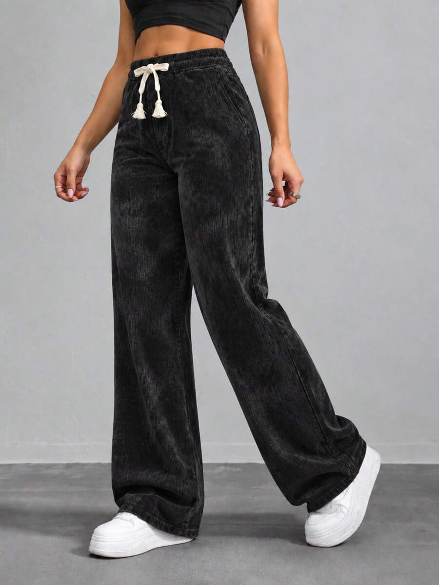Women Black Wide Leg Sweatpants High Waist Elastic Drawstring Loose Casual Straight Leg Trousers - Black - View 1
