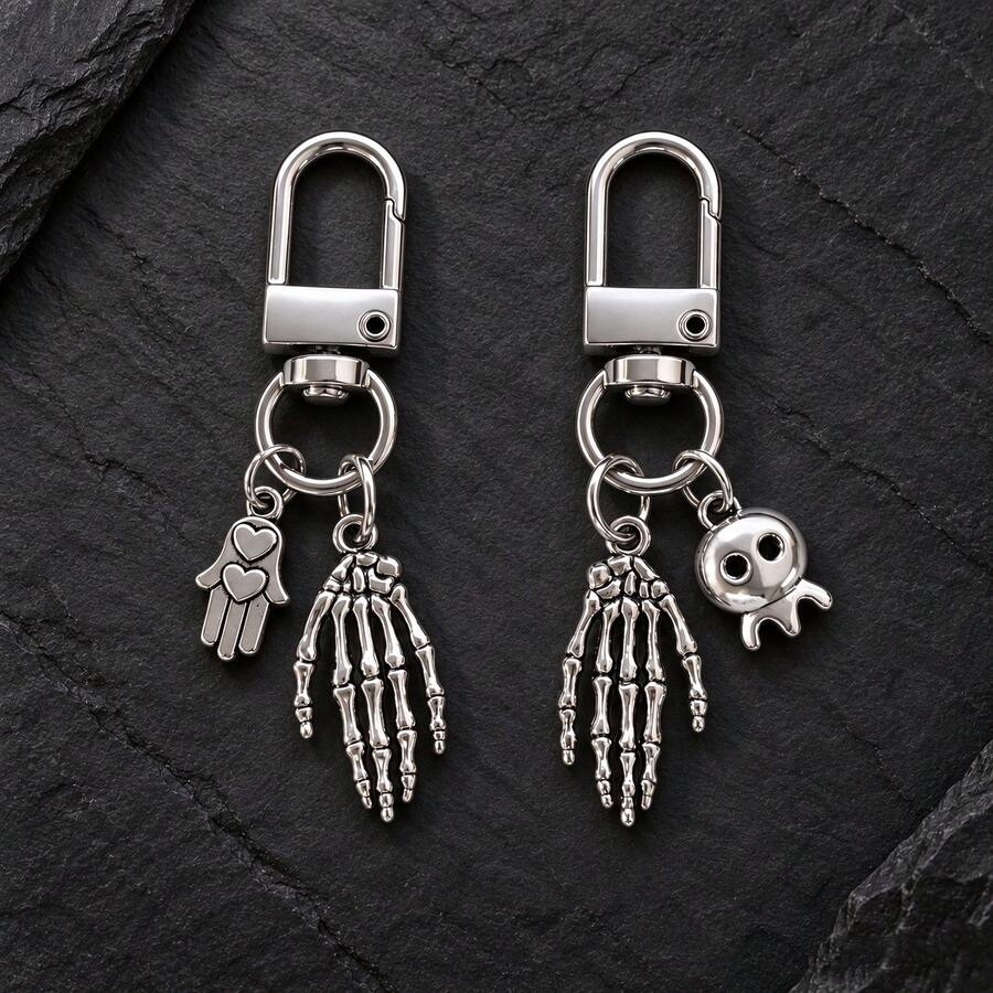 1pc/2pcs Unisex Alloy Skeleton Hand Pendant, Smooth Double Heart Palm Charm, Skull Head Accessory Keychain, Halloween Gift For Friends, Personalized Bag Charm, Wallet Accessory - Silver - View 1