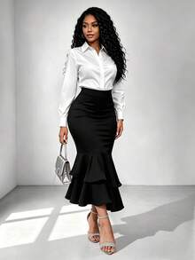 Women's Autumn/Winter Commuter Style High Waist Cinched Waist Bodycon Multi-Layer Ruffle Hem Mermaid Mid-Length Skirt Elegant Commuter Skirt - Black - View 10