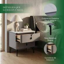 Mesa de Noche Blanca con Cubierta de Cerámica, Buró Moderno de 2 Cajones con Tiradores Negros Decorativos Curvos y Patas de Madera Negra, Diseño Minimalista Japonés para Recámara y Dormitorio, 50 * 50 * 40 cm - Gris - Ver 4