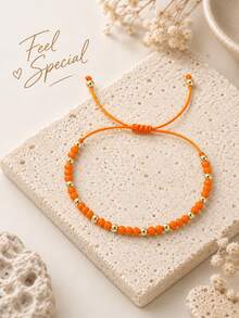 1pc Fashion Minimalist Red Gold Beaded Bracelet, Bohemian Colorful Beaded Bracelet, Lucky Bracelet, Adjustable Drawstring Design, Stackable Beaded Bracelet, Suitable For Daily Commute, Summer Outing, Gift For Family, Friends, Lover, Birthday, Home, Best Gift - Multicolor - View 2