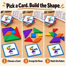 Bộ xếp hình Tangram bằng gỗ cho trẻ em, đồ chơi lắp ghép hình khối 7 miếng kèm 60 thẻ thử thách hai mặt và sách hướng dẫn đáp án - Nhiều màu - Xem 4