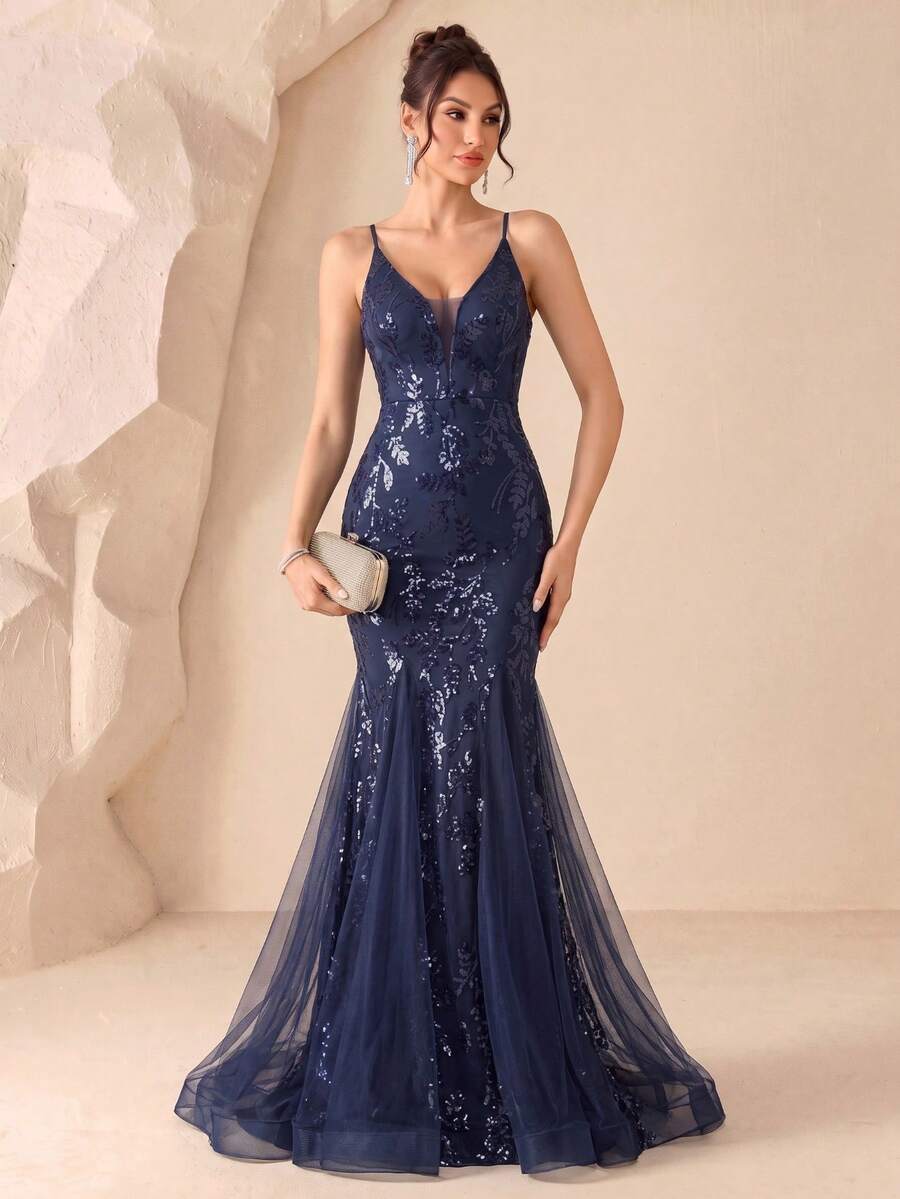 Gaun Pesta Model Duyung Berkerah V dengan Tali Bahu Tipis, Berhiaskan Payet & Jala, Gaun Malam Elegan, Untuk Tamu Pernikahan, Acara Formal, dan Lainnya, Musim Gugur/Dingin - Navy Blue - View 1