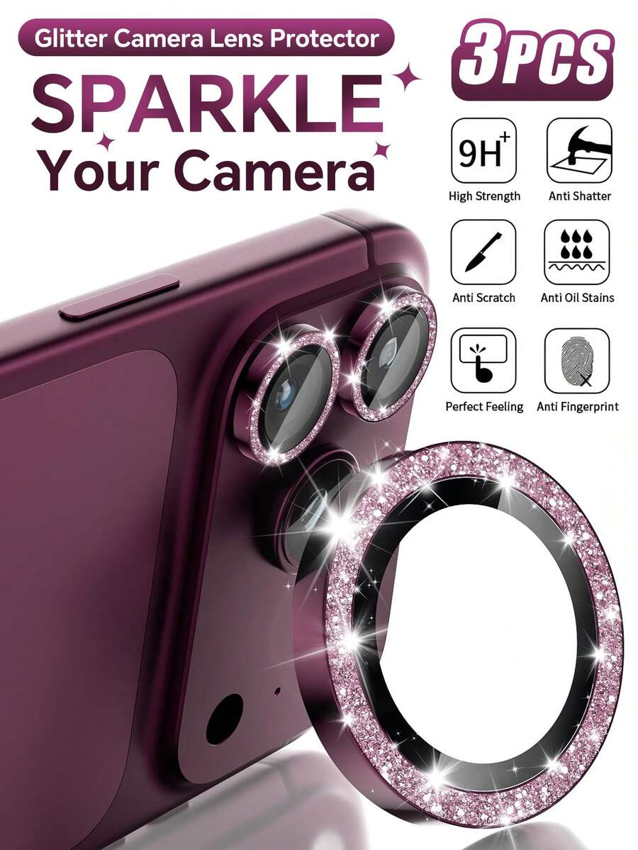 3pcs Wine Red Glitter Camera Lens Protectors Compatible With Iphone 18 Pro Max/18 Pro – Sparkling Aluminum Alloy Rings, HD Clear Covers, Scratch-Resistant, Full Lens Protection, Slim Fit, Easy Installation, Case-Friendly - Burgundy - View 1