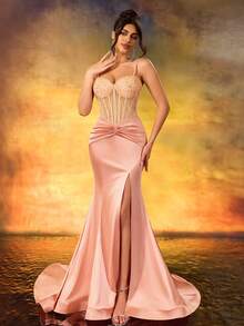 Women's Contrast Color Party Mermaid Hem Slit Formal Evening Gown Dress Wedding - Coral Pink - View 3