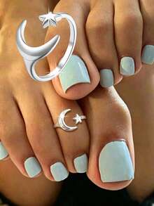 1pc S925 Sterling Silver Cute Minimalist Star & Moon Toe Ring, Fashionable Korean Sweet Casual Adjustable Foot Jewelry For Women - Stars and Moon - View 1