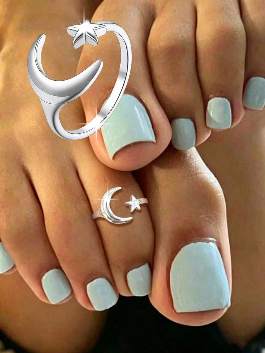 1pc S925 Sterling Silver Cute Minimalist Star & Moon Toe Ring, Fashionable Korean Sweet Casual Adjustable Foot Jewelry For Women - Stars and Moon - View 1