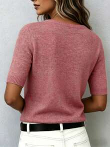 Women's Wool Blend Soft Knit Short Sleeve Top, Loose Fit, 15% Wool Content, Basic Crew Neck Solid Color Half Sleeve Knit Sweater, Lightweight Luxury Minimalist Commuter Inner Layer, Quiet Luxury Style, Suitable For Office And Business Use - Watermelon Pink - View 3