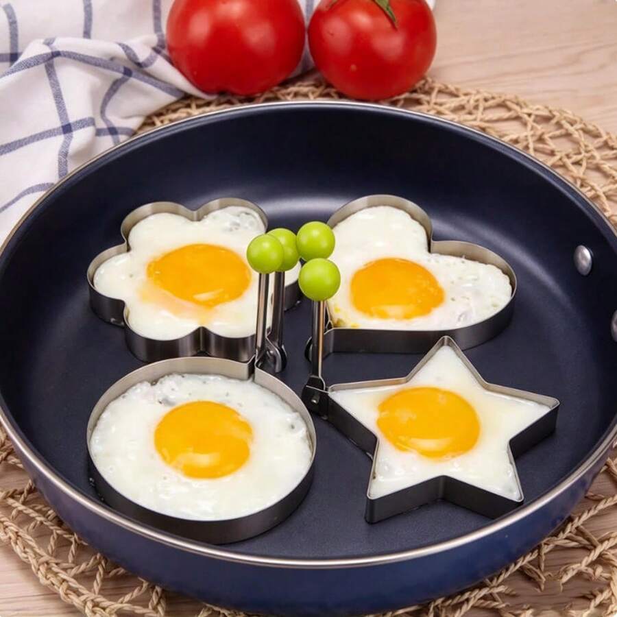 4Pcs Stainless Steel Fried Egg Mold, Heart Star Flower Round Egg Ring Shaper, Breakfast DIY Cooking Tool