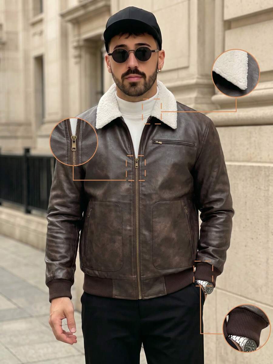Lookun Men's Turn Collar Jacket American Vintage Motorcycle Versatile Lamb Wool Collar Flight Jacket Autumn/Winter - Bronze - View 1