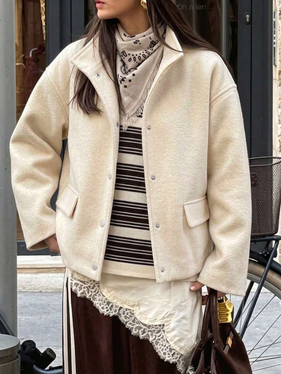 Fashionable Women's Knitted Funnel Neck Jacket, Long Sleeve Regular Fit Cardigan With Button Detail, Essential For Cool Weather - Beige - View 1