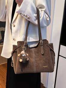 Fashionable Caramel Large Capacity Tote Bag With Adjustable Metal Buckle Double Handles Crossbody Bag Shoulder Bag Suitable For Office Shopping Daily - Brown - View 6