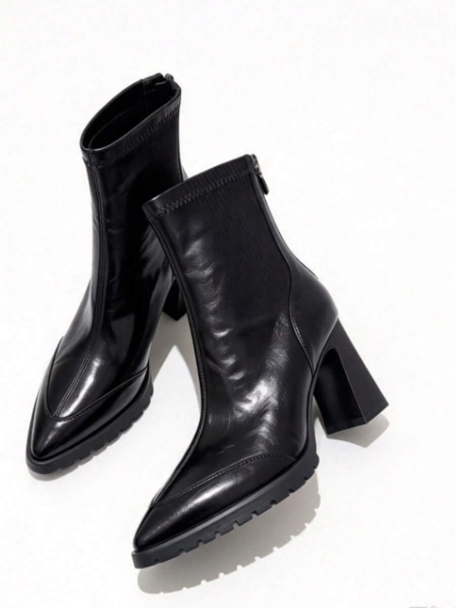 2026 New Elegant Slimming Ankle Boots, Retro Commuter Chunky Heel Elastic Boots - Black - View 1