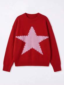 Just Masa Women's Fall Winter Colorblock Star Pattern Sweater Top,Long Sleeve Round Neck Rib-Knit Pullover,For Daily Wear,Going Out,Christmas,Travel - Red - View 3
