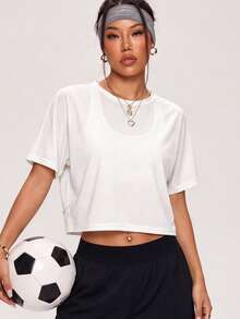 1pc Women's Summer Standard Size Back Cross Hollow Out Crop Top Versatile All-Match Casual Sports T-Shirt - White - View 4