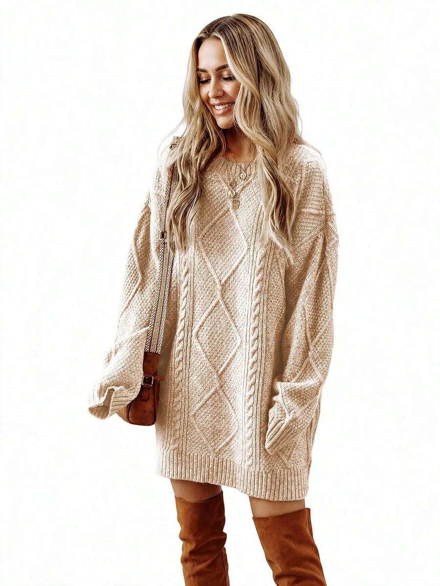 Acelitt Oversized Apricot Solid Color Knitted Textured Pattern Dropped Shoulder Sweater Dress For Women, Autumn/Winter Casual Fall