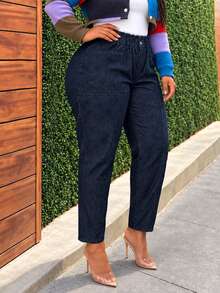 Women's Plus Size Denim Cropped Pants, Tapered Carrot Leg Style, With Zipper Detail, Non-Stretch Fabric, Suitable For Home And Casual Wear - Blue - View 3