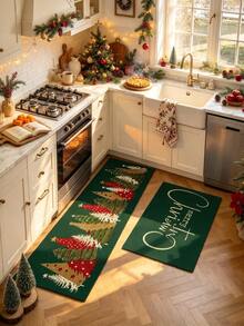 1/2pcs Merry Christmas Kitchen Decor Rug, Christmas Tree Pattern, Winter Kitchen Rug And Mat, Non-Slip Washable Absorbent Kitchen Accessories Decor Mat, Christmas Holiday Gift! - Multicolor - View 2