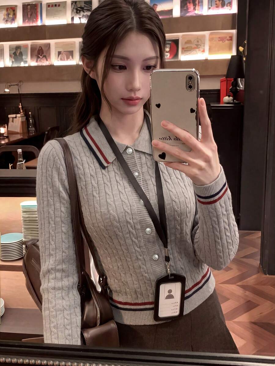 Korean Casual Style Double Zipper Hooded Knit Top, White Striped Placket And Cuffs, High Waist Slim Fit Base Layer - Flower Color - View 1