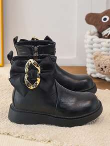 Girls' Ankle Boots, Bow + Metal Chain Decor, Side Zipper, Thick Sole Anti-Slip, Autumn/Winter Princess Boots - Black - View 1
