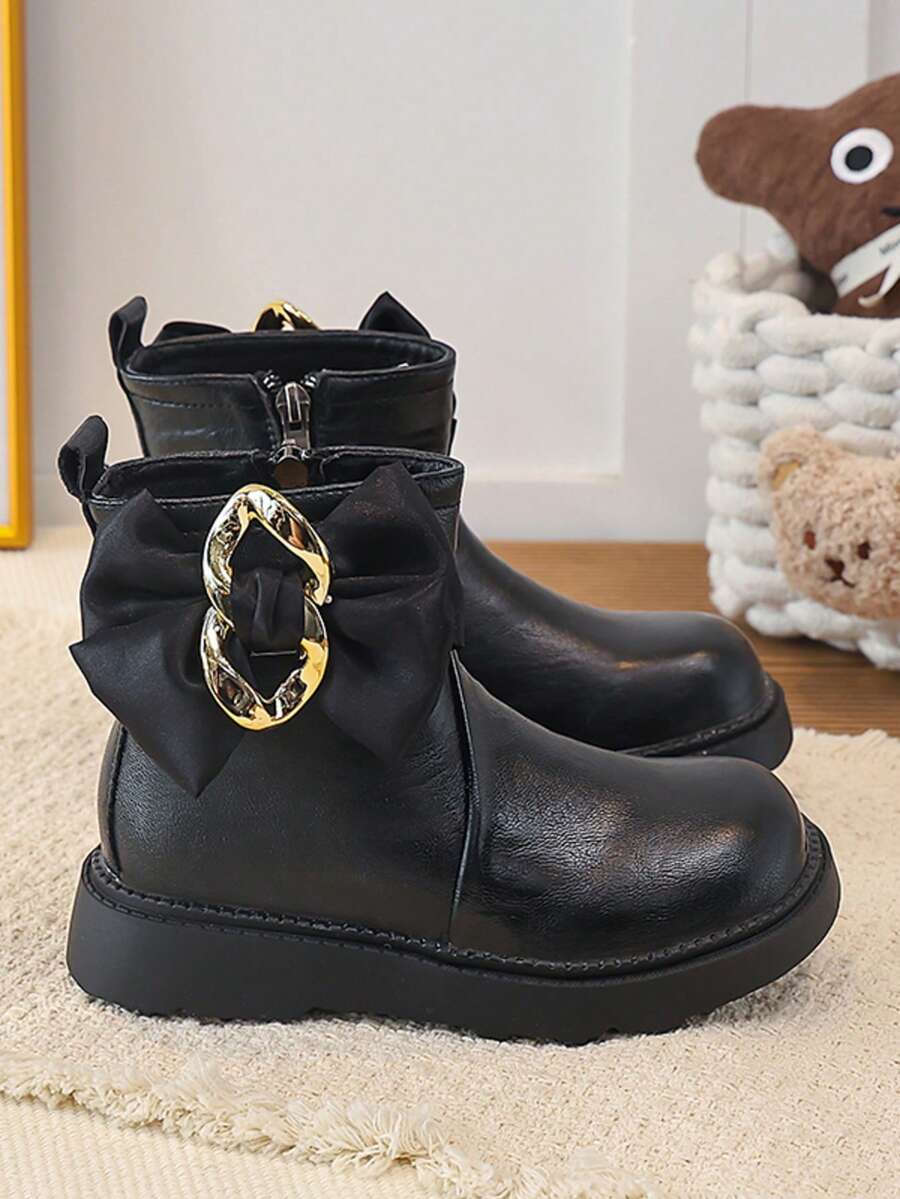 Girls' Ankle Boots, Bow + Metal Chain Decor, Side Zipper, Thick Sole Anti-Slip, Autumn/Winter Princess Boots - Black - View 1