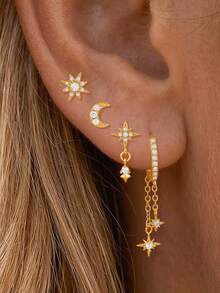 4 Pieces New Style Cubic Zirconia Star And Moon Earrings Set 18K Gold Plated Cartilage Piercing Pendant Chain Stud Earring Jewelry - 1-gold-4PCS - View 1