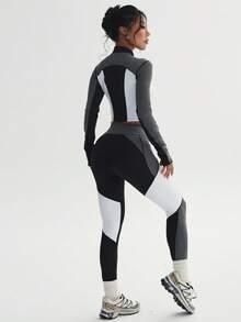 Women's Multi-Color Patchwork Fashion Slim-Fit Sports Long Sleeve & Long Pants Knit Yoga Set - Multicolor - View 2