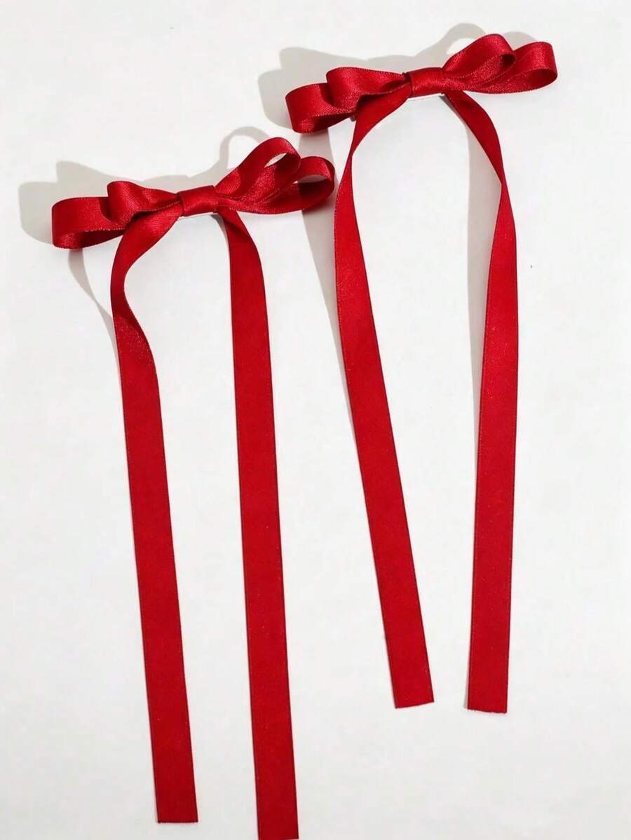 2Pcs Large Red Satin Bow Hair Clips For Women Girls, With Long Streamer Ribbon Tails, Elegant Big Hair Accessories For Christmas & Weddings Cute - Red - View 1