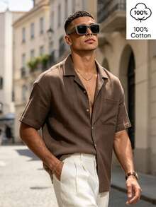WAIT HIM 100% Cotton Men's Casual Solid Color Short Sleeve Shirt With Notch Collar - Brown - View 8