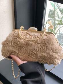 Dedoo 女款晚宴接吻鎖扣手提包，3D玫瑰花卉圖案，水鑽鎖扣配亮面金屬手柄，浪漫優雅，婚禮派對舞會手拿包 - 卡其色 - 查看 6