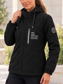 AODSR Women's Black Hooded Jacket With Multiple Zip Pockets, Drawstring And Letter Print, Long Sleeve Zip Front Outerwear - Black - View 5
