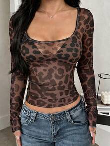 GLAMSKIN Women Fall Leopard Print Square Neck Mesh Long Sleeve Top,Ruffle Hem Slim Fit Cropped Tee,Glam Y2K Streetwear Hoco Casual Fall Fashion Outfit - Leopard Color - View 2