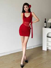 Top Dazzle Fashion Sleeveless Red Mini Dress, Round Neck Slim Fit Cut, Embellished With Exquisite 3D Roses, Creating A Stylish Look - Red - View 5