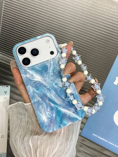 Nebula Blue Quicksand Texture Glitter Design Large Window Lens Frame Full Coverage Phone Case With Blue & White Pentagram Bead Chain Lanyard, Compatible With 11/12/13/14/15/16/17/18 All Series, Niche Aesthetic Phone Case