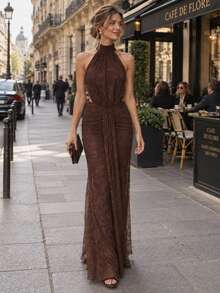 VIPGIRL Brown Lace Evening Dress Halter High Neck Ruched Waist Drape Backless Bodycon Mermaid Floor Length Prom Party Formal Gala Wedding Guest Maxi Dress - Coffee Brown - View 1