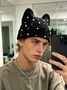 1pc Men's Y2K Rhinestone Cat Ear Knit Hat, Pearl Decor Hip Hop Beanie, Outdoor Warm Brimless Cap, Suitable For Street Outdoor Punk Hip Hop - Multicolor - View 3