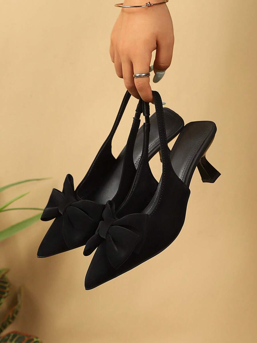 French Style Bow Pointed Toe Closed Toe Sandals Women Summer Outdoor Wear Thin Heel High Heels - Black - View 1