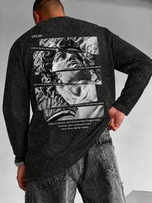 Men's Spring/Autumn Patchwork David Statue Print Faux Washed Drop Shoulder Loose Crew Neck Long Sleeve T-Shirt - Black - View 4