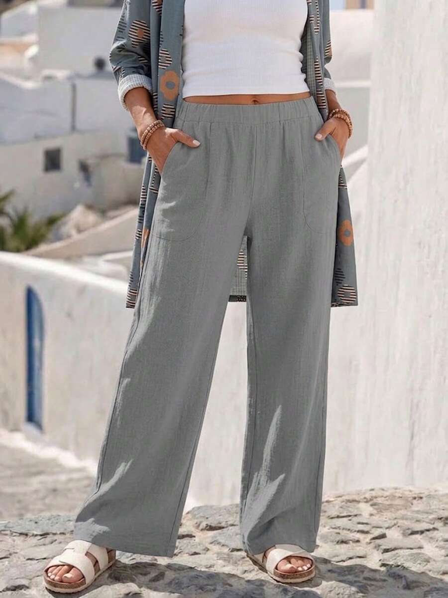 Pantalones casuales rectos de cintura elástica de unicolor gris, adecuados para uso diario en primavera/verano, talla grande - Gris - Ver 1