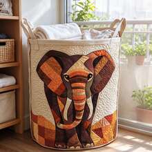 1pc Exquisite Patchwork Elephant Quilted Laundry Storage Basket, Large Capacity Round Clothes Storage Bin, Reinforced Handle Design, Foldable Self-Standing Fabric Storage Bucket, Suitable For Dirty Clothes, Toys, Blankets Storage, Bedroom Bathroom Nursery Home Decor, Housewarming Gift, Holiday Gift - Multicolor - View 6