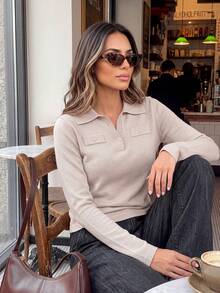 Early Autumn New Elegant Solid Color Polo Collar Knit Sweater Women, Faux Pocket Slim Fit Flattering Lapel Long Sleeve Base Layer, Gentle Commute Top, Suitable For Workplace, Daily Outings, Layering, Mature Dating - Khaki - View 2