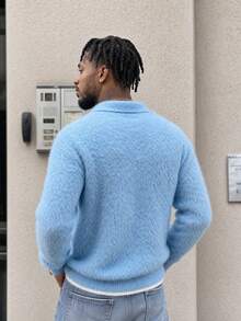 BLACKTOEXIT Men's Faux Mink Fur Polo Collar Sweater, 2-Button Turn-Down Collar, Loose Soft Fuzzy Knit Pullover Top - Blue - View 4