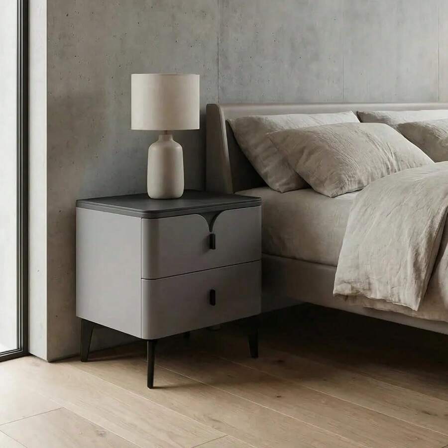 Mesa de Noche Blanca con Cubierta de Cerámica, Buró Moderno de 2 Cajones con Tiradores Negros Decorativos Curvos y Patas de Madera Negra, Diseño Minimalista Japonés para Recámara y Dormitorio, 50 * 50 * 40 cm - Gris - Ver 1