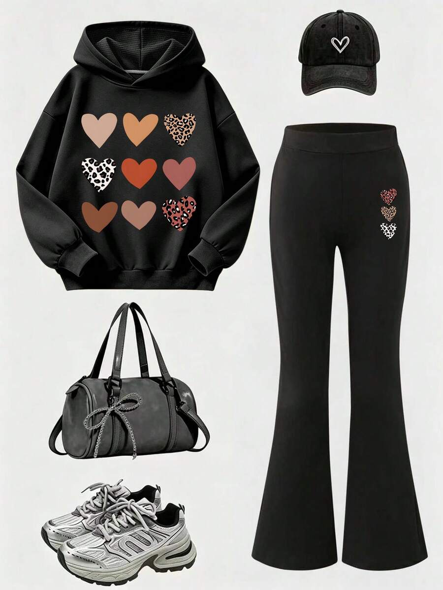 2pcs/Set Girls Gradient Slogan & Coconut Tree Print Crew Neck Sweatshirt + Flared Pants, Autumn/Winter Fashion Comfortable New Outfit - Black - View 1