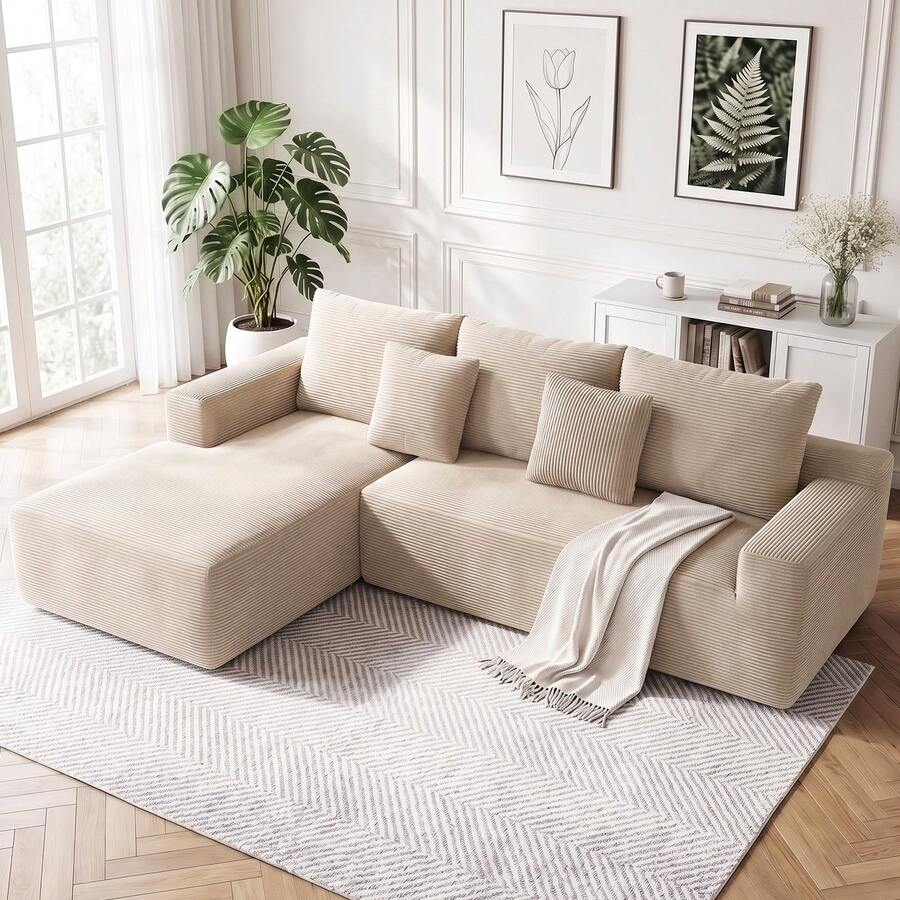 OYAJIA 240cm Boneless Couch, Compressed Sofa For Living Room L-Shaped Modular Left Hand Facing Sofa Chaise Sectional With High Polymer Sofa Fabric, Memory Foam, No Assembly - Beige - View 1