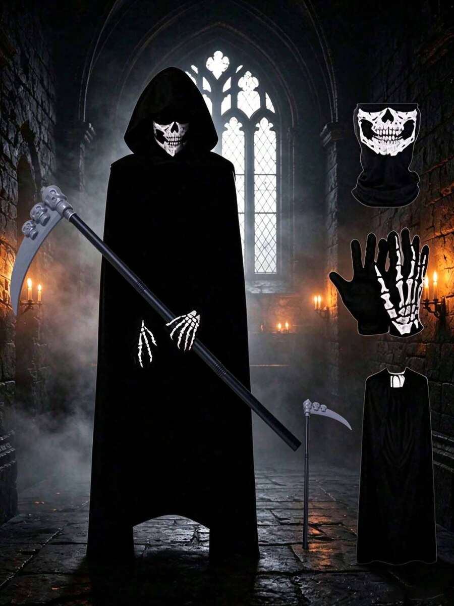 4pcs Halloween Hair Accessories Set, Unisex Adult Grim Reaper Cloak, Party Performance Costume, Wizard Robe, Vampire - View 1