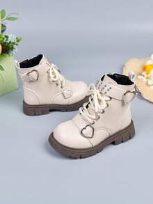 Sepatu Bot Anak Perempuan Gaya Lembut dengan Hiasan Cincin Hati dan Paku Keling, Warna Krem Putih, Sol Tebal Serbaguna, Bagian Bawah Karet Tahan Aus, Mudah Dipakai/Dilepas, Sepatu Bot Setinggi Mata Kaki untuk Musim Gugur/Dingin - Krem - View 5